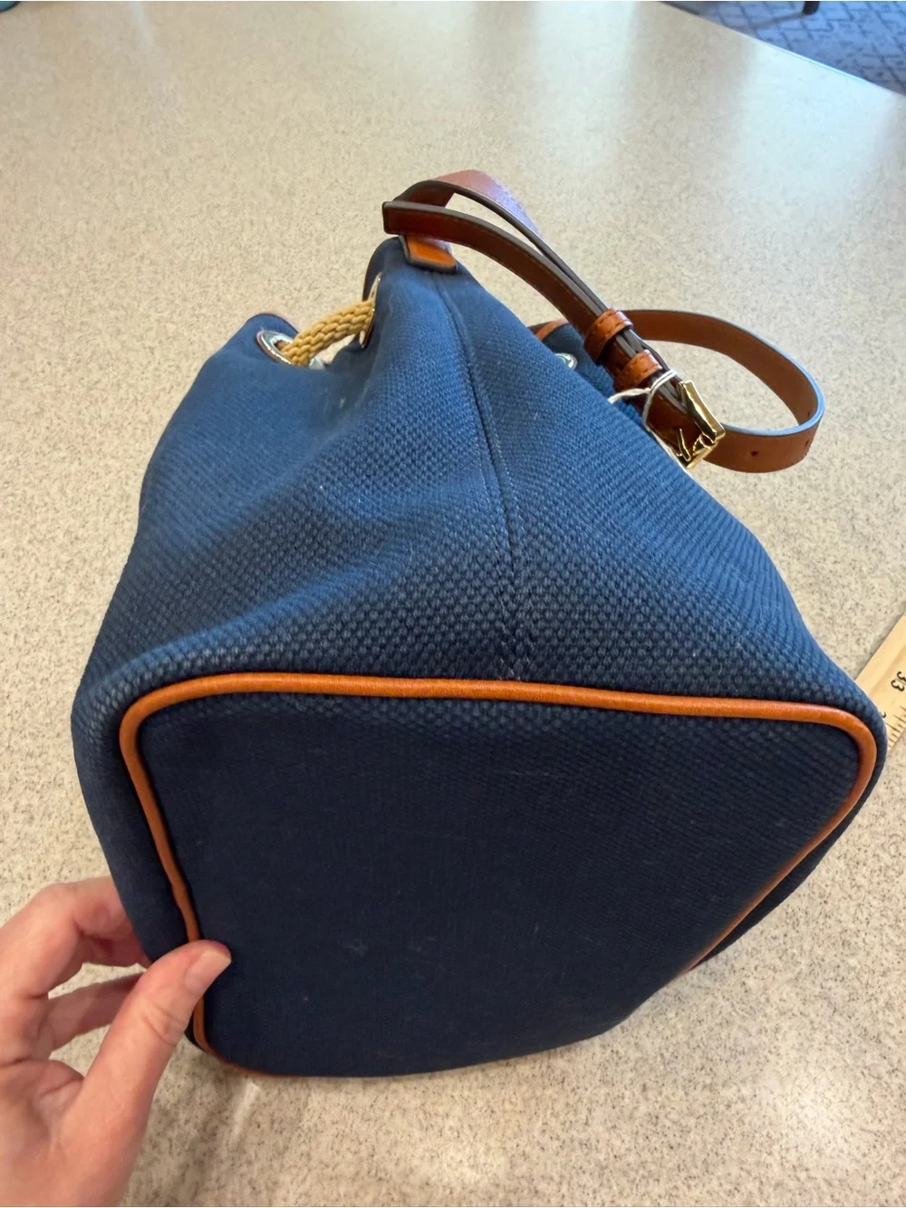 Michael Kors Navy Canvas Bucket Crossbody with Brown Leather Trim